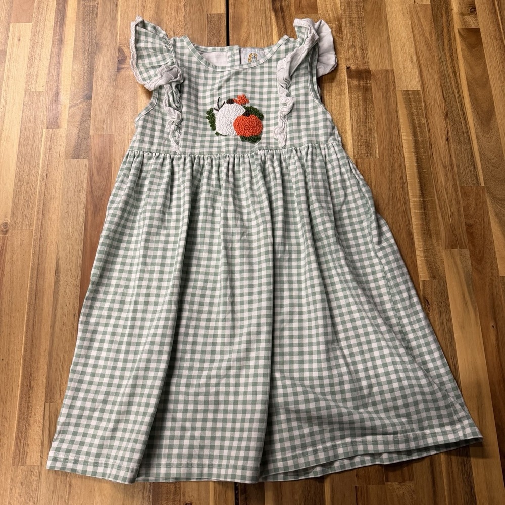 Smocking Dog Boutique Girls Size 8 Green Gingham Pumpkin Fall Thanksgiving Dress